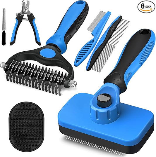 Augwind 7 in 1 Pet Grooming Kit - Dog&Cat Comb, Deshedding Brush, Nail Clipper with File, Bath Brush - Premium Pet Supplies (Blue)