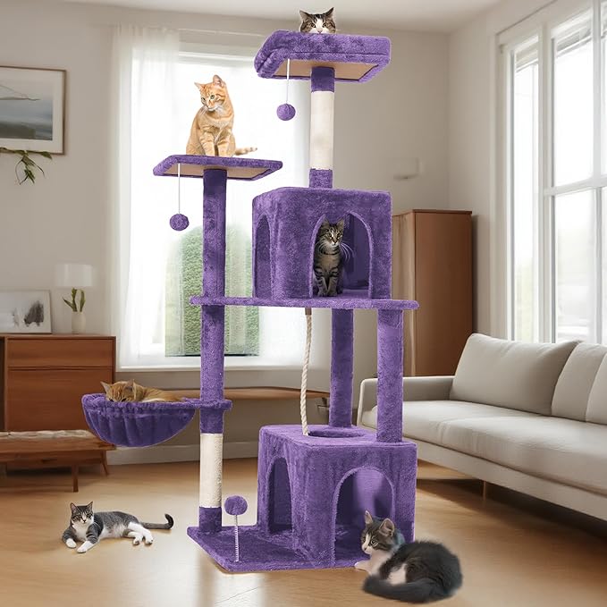 54-Inch Cat Tree Tower with 2 Caves & 2 Pompoms - Multi-Level Tower for Indoor Cats, Soft Plush Condo with Scratching Posts - Sturdy Base for Large Cats(Purple)