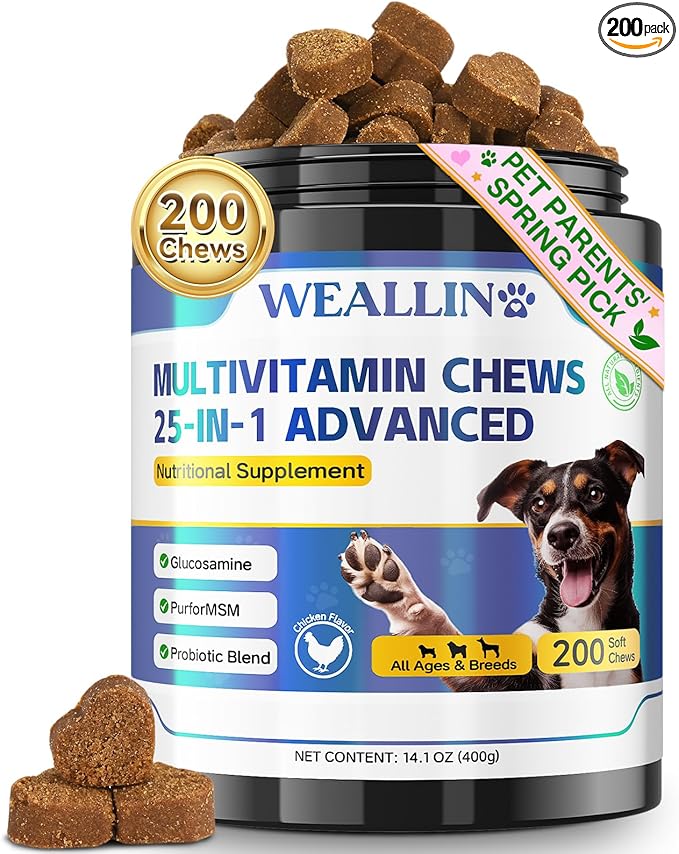 Dog Vitamins - 25-in-1 Dog Vitamins and Supplements Multivitamin with Glucosamine Probiotics Omega-3 Puppy Multivitamin Chewable for Coat, Heart, Hips & Joints, Digestion & Immune System 200pcs