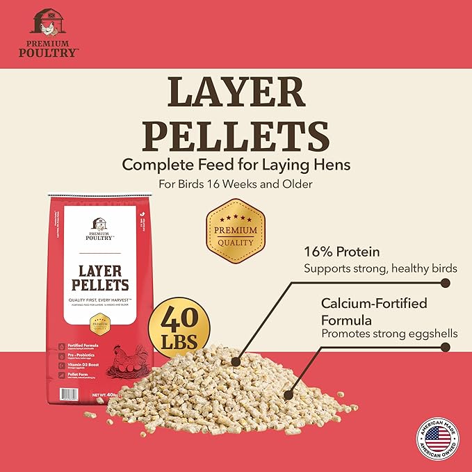 Layer Pellet Chicken Feed, 16% Protein Poultry Feed for Laying Hens, Supports Egg Production, Strong Eggshells & Calcium Absorption with Vitamin D3, Made in USA, 80 lbs