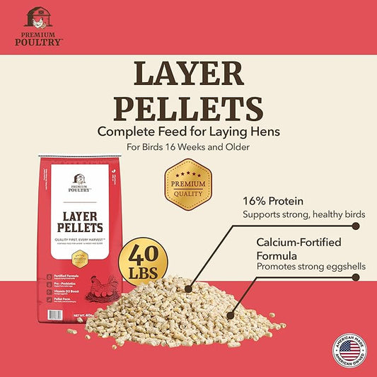 Layer Pellet Chicken Feed, 16% Protein Poultry Feed for Laying Hens, Supports Egg Production, Strong Eggshells & Calcium Absorption with Vitamin D3, Made in USA, 2000 lbs