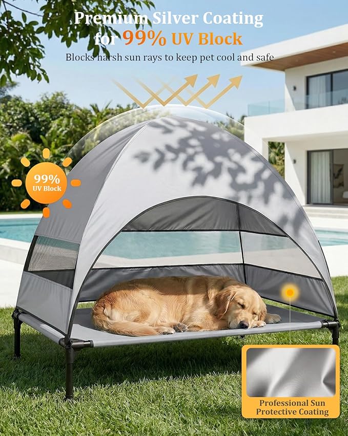 Elevated Dog Bed with Canopy - 3-Sided UV Protection Pet Tent with Wider Shade, Raised Cooling Outdoor Dog Cot with Breathable Mesh for Medium Large Dogs, Portable Pet Bed for Camping, Patio (Grey, L)