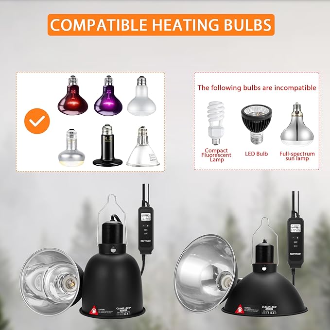 8.5" Reptile Heat Lamp Fixture with PID Dimming Thermostat, Independent Day Night Temperature Control, MAX 150W (Bulb Not Included)