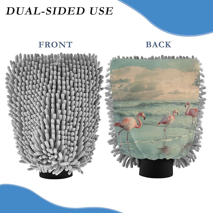Car Wash Mitt Microfiber Wash Mitts for Car Washing Scratch-Free Cleaning Gloves Soft Non Absorbent Chenille Auto Hand Mitt Medium 2Pack Flamingo in Coastline