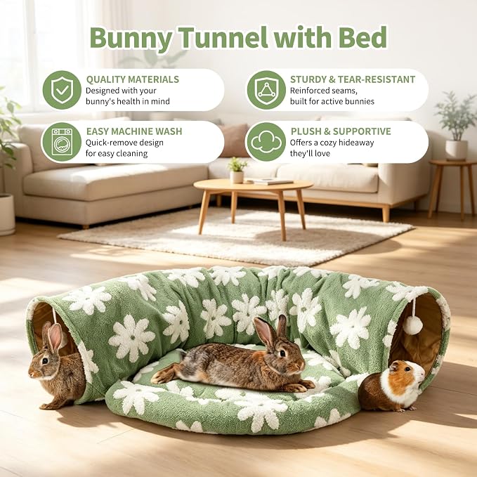 BWOGUE Bunny Tunnel Bed, 2-in-1 Collapsible Tunnel Tubes Toys with Removable Mat Hideout for Cats Kittens Rabbits Guinea Pigs Kitty (Flower Green)