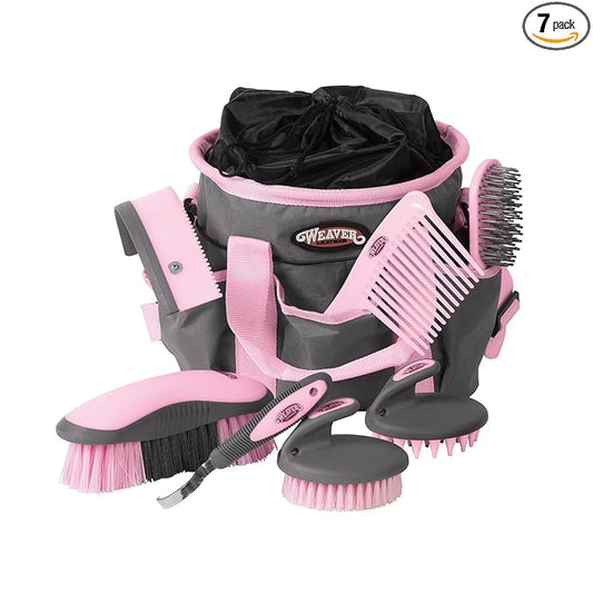 Weaver Equine Horse Grooming Kit, 7-Piece Horse Brush Set with Organizer Tote Bag, Hoof Pick, Comb, Sweat Scraper, Equine Tools for Daily Grooming, Gray/Pink