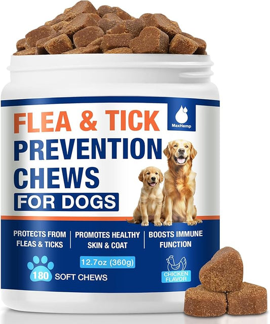 180 Cts, Flea and Tick Prevention for Dogs Chewables, Oral Flea Pills for Dogs Puppy, Natural Dog Flea and Tick Treatment, Skin & Coat Support Supplement, Soft Chews