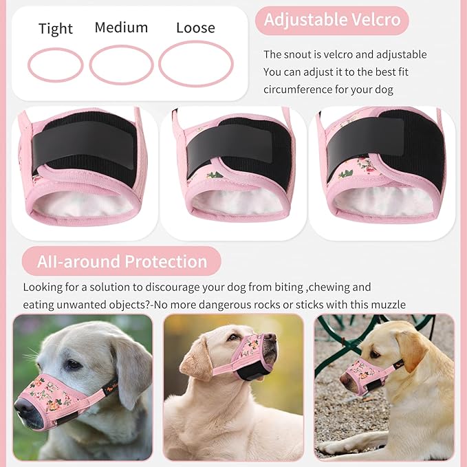 HEELE Dog Muzzle,Soft Nylon Muzzle Anti Biting Barking Chewing,Air Mesh Breathable Drinkable Adjustable Loop Pets Muzzle for Small Medium Large Dogs 4 Colors 4 Sizes (P-Pink Flower, S)
