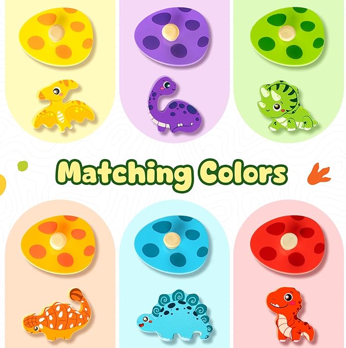 TOHIBEE Wooden Puzzles Montessori Toys for Toddlers 1-3, Dinosaur Eggs Peg Puzzles, Preschool Education Learning Toys for Boys and Girls, 6 Brightly Color Cute Dinosaur Shapes