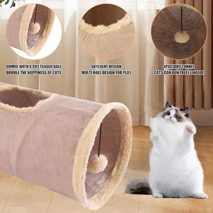 Cat Tunnel,Indoor Cat Play Tube Toys with Play Ball,Durable Collapsible Rabbit Hideaway Tunnel for Kitten,Bunny, Guinea Pig, Rat, Hamster, Ferret, Chinchilla (Khaki)