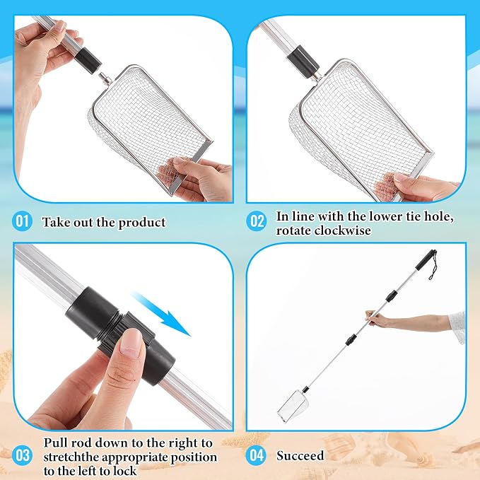 Roshtia 4 Pcs Beach Sand Sifter Set, Adjustable Long Handle Shell Scoop, Shark Tooth Sifter Mesh Shovel for Family Seashell Collecting, Sea Glass Hunting and Beach Treasure Fun