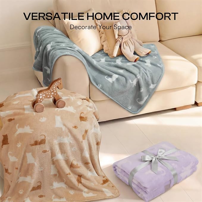 Luciphia 3 Pack Cat Blankets, Soft Fluffy Fleece Blanket with Cute Cat Print, Cozy Small Pet Throw Blanket for Cat Bed Carrier Couch Travel, Machine Washable, Purple/Grey/Khaki,30x20