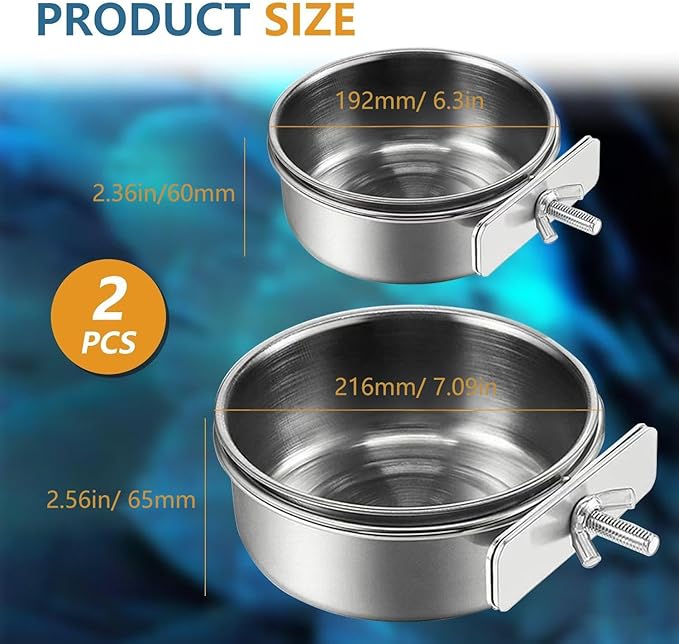 Stainless Steel Bird Feeding Bowls, 2Pcs Small Bird Feeding Cup with Holder, Parrot Food Bowl Cage Water Feeder, Pet Cage Cup Holder for Parrots, Canaries, Hamsters (Dia 7.09", 6.3")