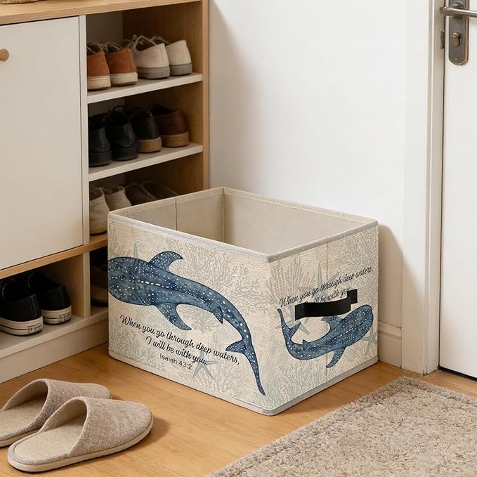 Ocean Whale Shark Christian Storage Bins, Coastal Isaiah 43:2 Bible Verses Foldable Closet Organizers Storage Basket Toybox for Clothes Bed Sheets Blankets Toys