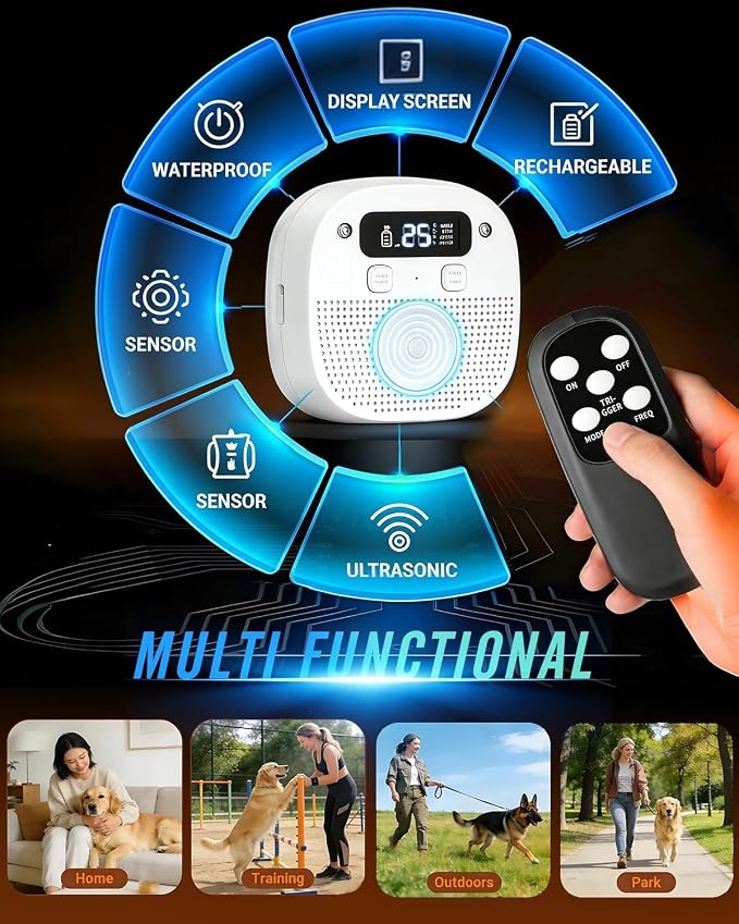 Dog Barking Control Devices, Anti Barking Device for Dogs with Remote Control, Ultrasonic & Sensor Technology, Rechargeable, Adjustable Modes & Frequencies, Bark Box Indoor Outdoor (Ivory)