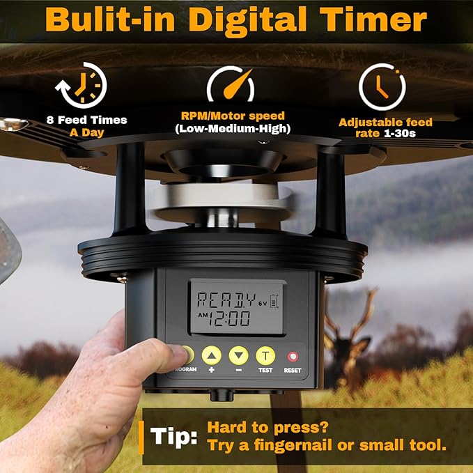 Deer Feeder Kit, 6V Feeder Kit, Feeder Motor & Timer Kit, Small-Size Game Feeder/Chicken Feeder, Sturdy Hunting Feeder Kit with Spinner/Digital Timer/Adjustable Arms/Batteries Slot/Solar Panel Port