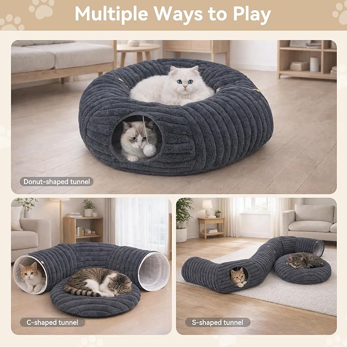 Cat Tunnel Bed, Peekaboo Hideaway Cave for Indoor Cats, Machine Washable Kitten Bed, Cat Donut, Dachshund Tunnel Bed for Small Dogs, Upgraded Striped Hare Feel Fabric (Deep Grey)