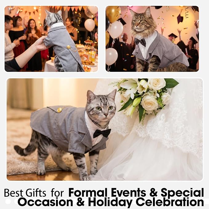 QBLEEV Cat Tuxedo Outfit with Bow Tie, Sphynx Cat Costume Formal Suit Wear | Soft breathable, stylish hairless clothes for cats only, kitten wedding birthday party shirt apparel for male boy