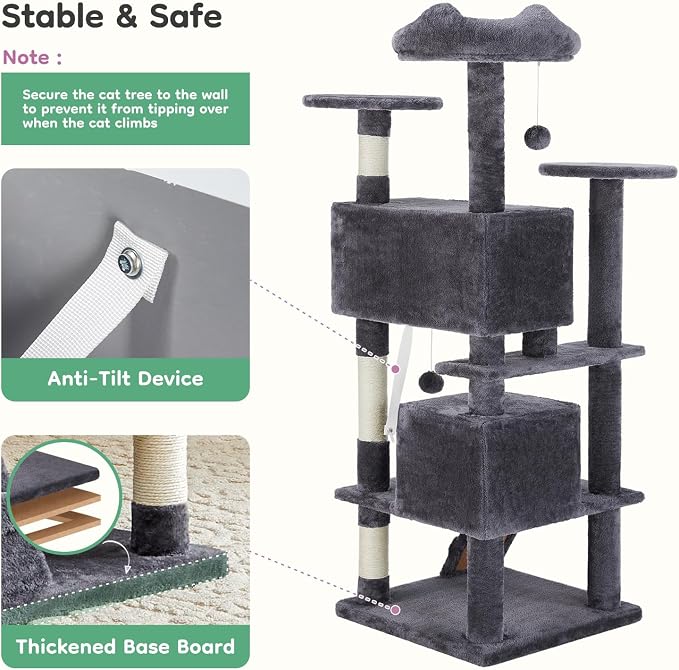 DUMOS 54 Inch Indoor Cat Tree Tower with Scratching Posts, Multi-Level Pet House for Large Cats with 2 Condos, Round Platform, Small Ladder, and Toys – Perfect for Cats of All Ages, Dark Grey