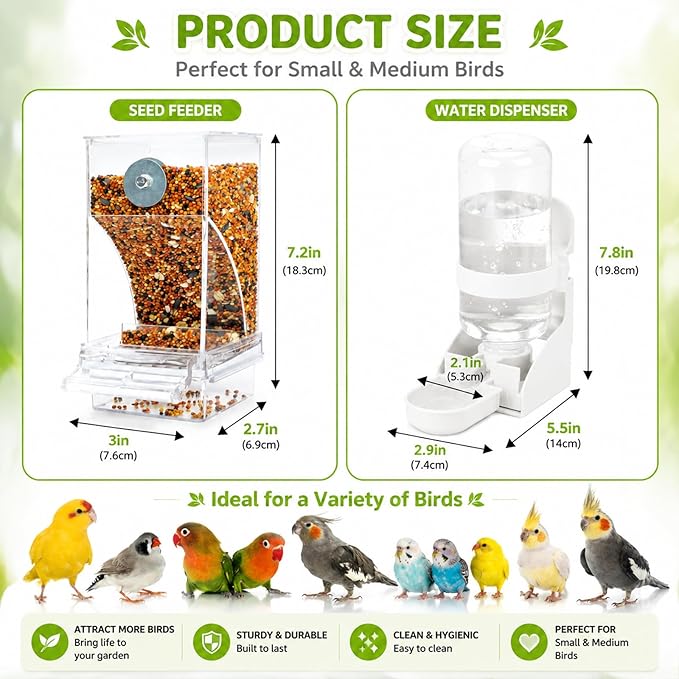 Rypet No Mess Bird Water Feeder Dispenser Set Automatic Bird Feeder Transparent Food Container Cage Acrylic Parrot Feeders Accessories for Small Birds Parrot Cockatoo Canary
