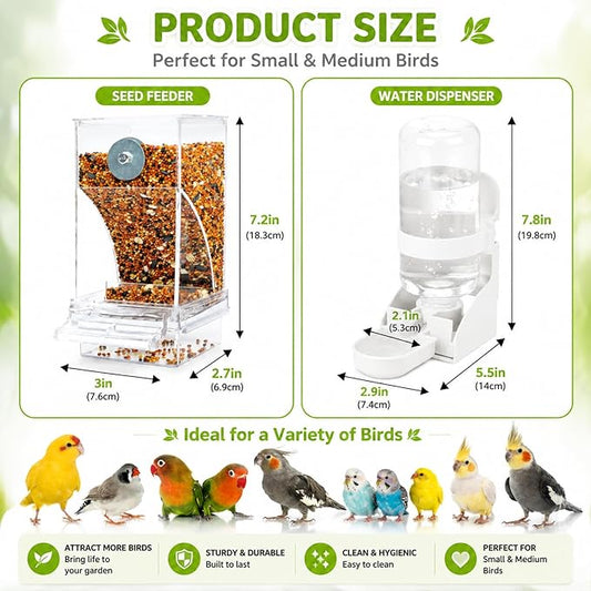 Rypet No Mess Bird Water Feeder Dispenser Set Automatic Bird Feeder Transparent Food Container Cage Acrylic Parrot Feeders Accessories for Small Birds Parrot Cockatoo Canary