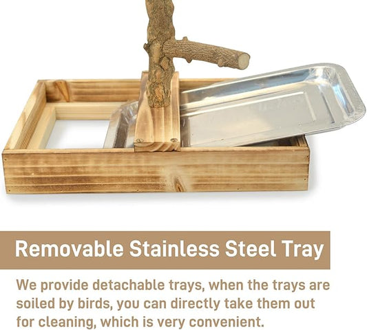 LIMIO Natural Wood Bird Toys Playground, Bird Cage Accessories, Bird Perches, with Removable Tray and 2 Stainless Steel Cups