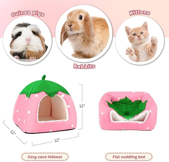 2 Pack Rabbit Hideout, Washable Bunny Bed with Removable Pee Pad, Plush Indoor Rabbit House, Adorable Strawberry Design Small Animal Hideaway for Guinea Pig, Red & Pink