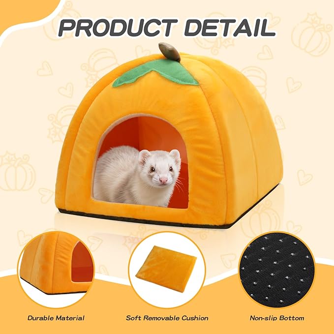 Guinea Pig Hideout Warm Fleece Small Animal Bed Washable Pet Cushion Winter Warm Sleeping Nest for Hamster Rabbit Chinchilla(Pumpkin Style)