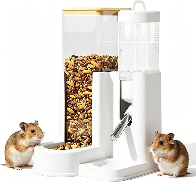 Hamster Water Bottle Standing Baby Guinea Pig Water Dispenser with No Drip 2 in 1 Small Animal Automatic Food Bowl for Cage Accessories for Hamsters Gerbils mice (Yellow, 80ml)