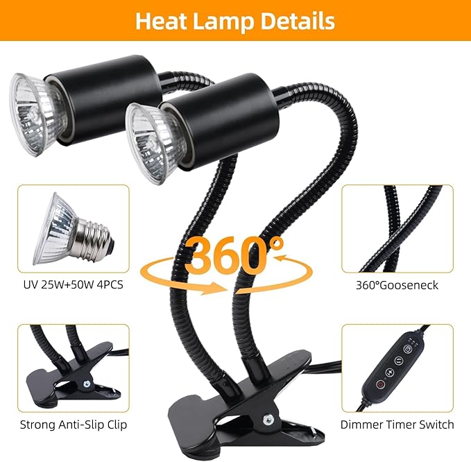 Turtle Basking Light (Cycle Timer), Tortoise Lamp UVA UVB Heat Bulbs -2 Pack 50W+ 2 Pack 25W, 360°Rotatable Turtle UVA/UVB Basking Heat Light Bulb for Lizard, Beared Dragon