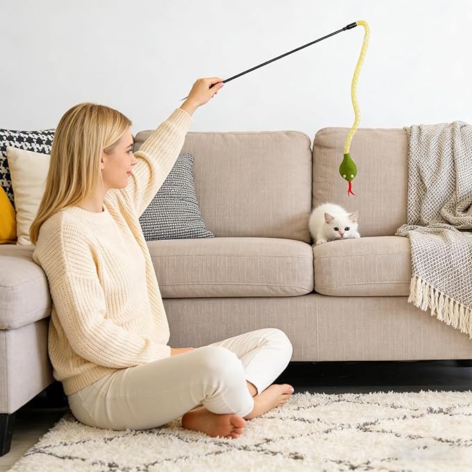 Cat Teaser Wand Toy for Indoor Cats, Cute Mesh Snake & Crinkle Plush Fabric Kitten Wand Kitty Toys Interactive Play Chase Exercise Wand String Toys Cat Toys for All Breed Sizes (Yellow,14.57+30.7inch)