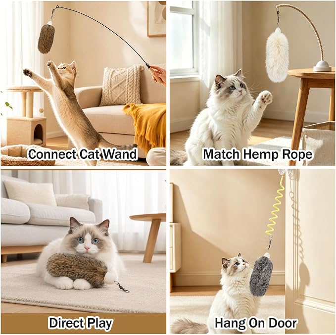 3 Pack Natural Rabbit Fur Cat Toy Refills, Handmade Interactive Cat Wand Attachments Cat Teaser Wand Replacement Head for Indoor Cats and Kittens