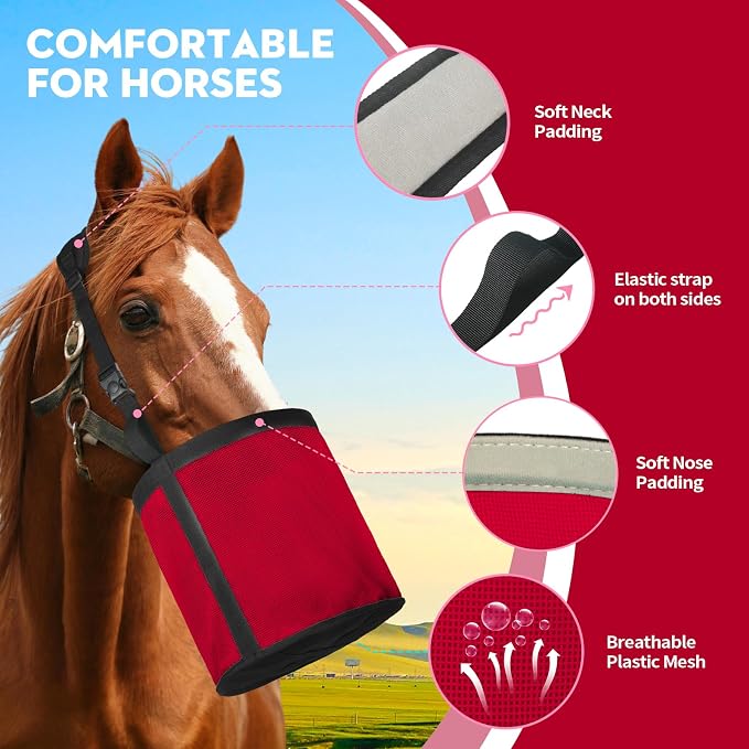 Horse Feed Bag 2 PCs, Breathable Mesh Feed Bags for Horses, Muzzle Feedbag for Feeding Grain, Anti-Spill Design Feeder, Soft Neck Pad Nose Pad, Universal Fit (Red)