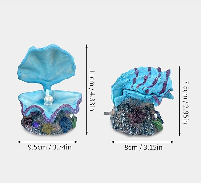 WishLotus Aquarium Decorations - Durable Resin Simulation Pearl Scallop Fish Tank Landscape Decorations - Pneumatic Opening and Closing Bubble Ornaments - Blue