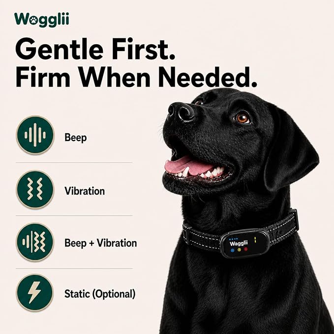 Smart AI Bark Collar for Small Medium Large Dogs, Automatic Anti Barking Device with 5 Sensitivity Levels, LCD Display, Vibration and Static Modes, Rechargeable IP67 Waterproof, Black