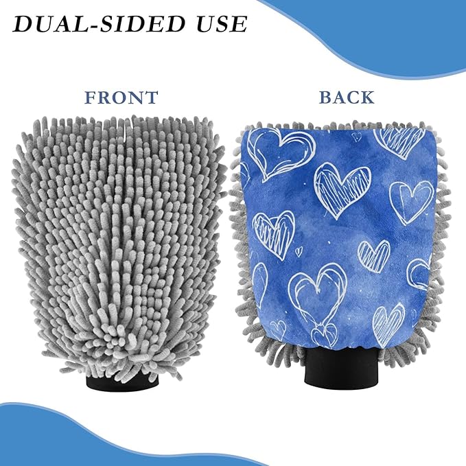 Car Wash Mitt Microfiber Wash Mitts for Car Washing Scratch-Free Cleaning Gloves Soft Non Absorbent Chenille Auto Hand Mitt Medium 2Pack Blue White Hearts