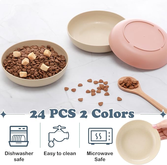 Tioncy 24 Pcs Cat Food Bowl 5.5'' Fatigue Relief Shallow Cat Food Dish Wide and Small Pet Wet Plate Wide Stray Wet Feeding Bowl for Ferrets Feral Short Legged Kitten, Wheat Straw(Pink, Beige,Classic)