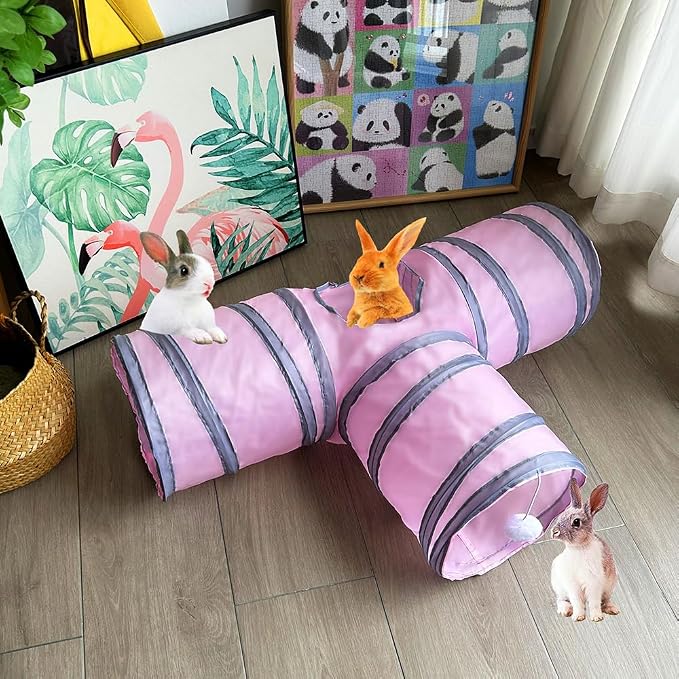 Rabbit Tunnels & Tubes Collapsible 3 Way Pink Grey, Play Tunnel Tube Toy with Hanging Ball for Kitten, Puppy, Bunny, Ferret, Interactive Toys for Fun Playtime & Exercise