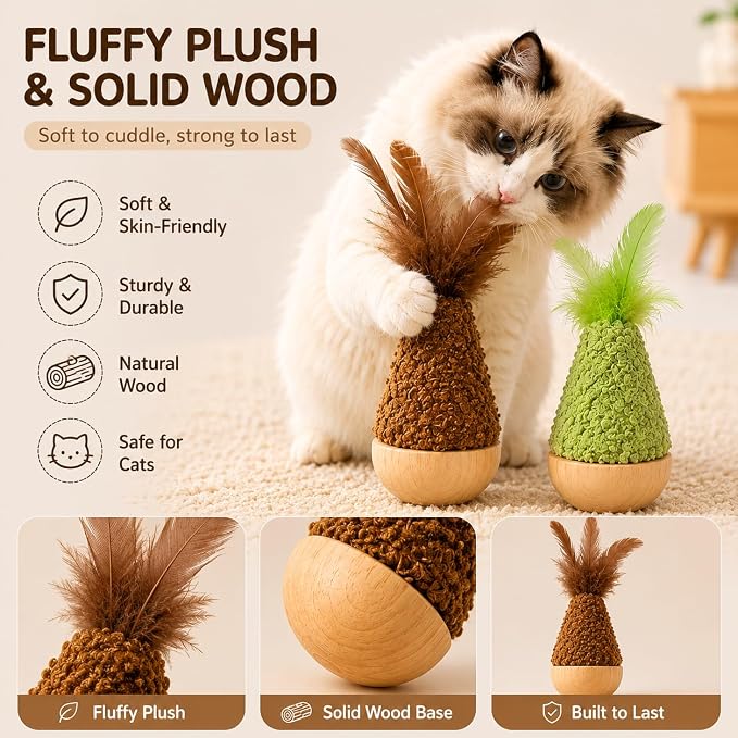 2-Pack Interactive Self-Righting Wobble Cat Toy with Feather, Fluffy Plush Wooden Tumbler for Bored Adult Indoor Cats Silent Self Play Cat Enrichment Toy, Green & Brown