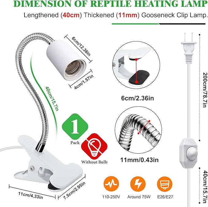 Reptile Heat Lamp,Tortoise Heat Lamp with 40CM Lengthened Gooseneck,Grow Light for Plant,Chick Basking Lighting,E27 Ceramic Lamp Holder,Clamp Light with Dimmable Switch,Metal Clip,for Lizards,No Bulb
