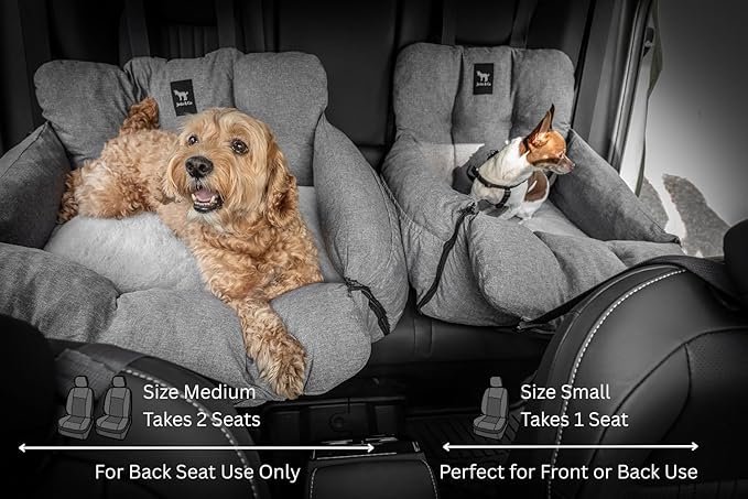 JACKO & CO Premium Dog Car Seat – Safe & Cozy Travel Bed Carrier for Small Dogs, Puppies, Pets, Clip-On Leash, Storage Pockets, Water-Resistant, Machine Wash (Grey, Removable - Medium (25-40lbs))