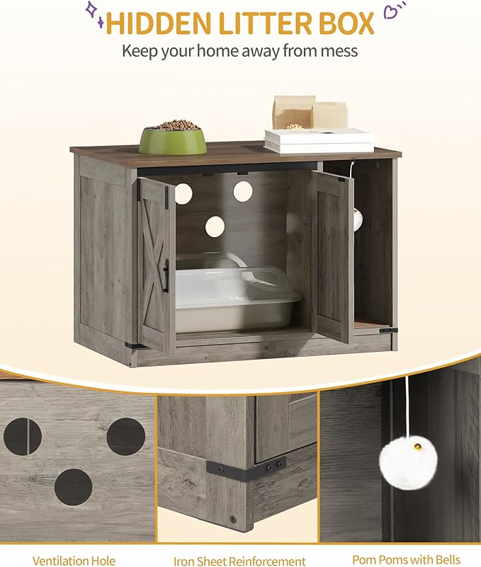 Hzuaneri Cat Litter Box Enclosure, Hidden Litter Box Cabinet Furniture with Bell, Indoor Cat House, Farmhouse Style, 31.5 x 19.7 x 20.9Inches, for Hallway, Bedroom, Light Ivory and Brown CB82405X