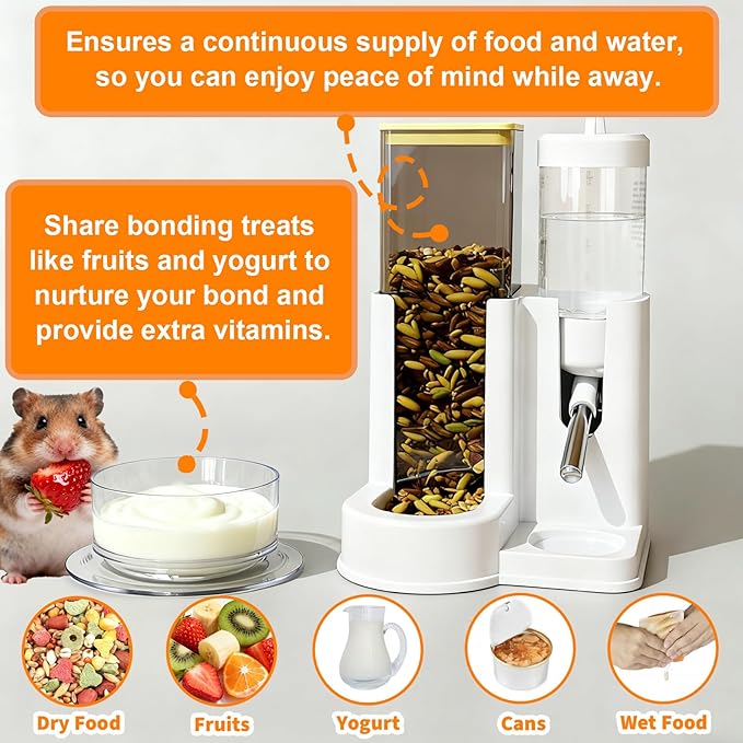 No-Drip 2-in-1 Hamster Water Bottle & Automatic Feeder, All-in-One Small Animal Cage Accessories with Snack Bowl for Hamsters, Mice, Gerbil and Sugar Gliders