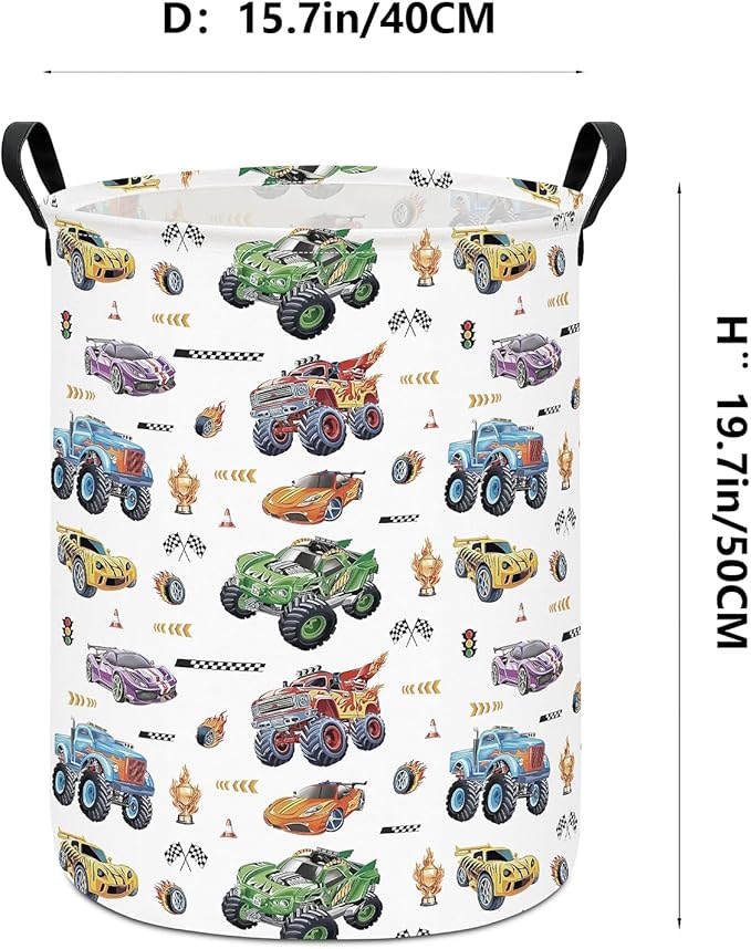Monster Truck Laundry Hamper Storage Basket, Nursery Hamper Canvas Laundry Basket Foldable with Waterproof PE Coating for Kids, Office, Bedroom, Clothes,Toys(Monster Truck)