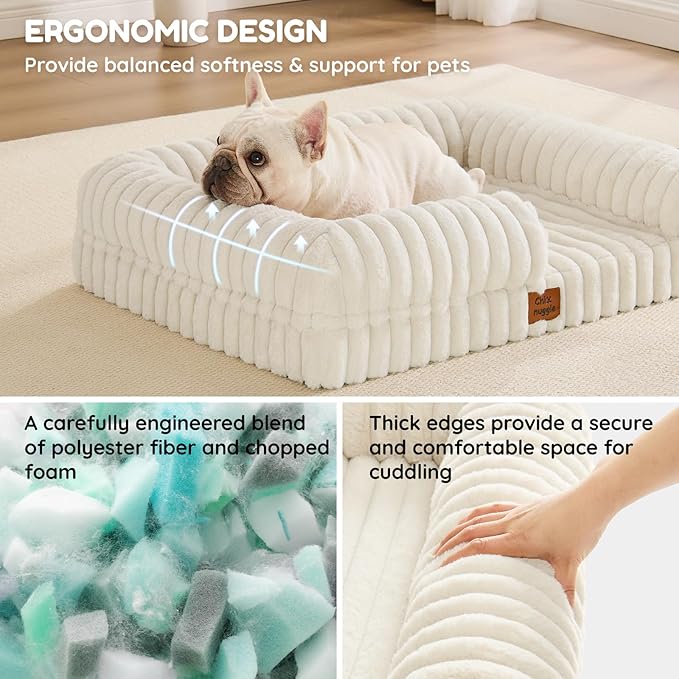ChiXnuggle Orthopedic Dog Bed with Bolster Sides for Sleeping, Fluffy Plush Rectangular Dog Bed Medium Sized Dog, Luxury Striped Faux Fur Waterproof Dog Couch with Removable Washable Cover, Cream