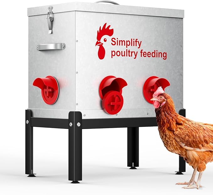 Hiqufet 40 lb Large Automatic Chicken Feeder with 6 No-Waste Ports – Outdoor Metal Chicken Feeders with Adjustable Stand, Rodent-Resistant Design & Riveted Handles for Chickens, Ducks & Poultry