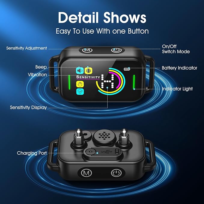 Dog Bark Collar for Large Medium Small Dogs - Smart AI 1S Stop Barking, Anti Barking Device & Dog Training Collar with Beep, Vibration & 8-Level Sensitivity, IP67 Waterproof, USB-C Fast Charge - Black