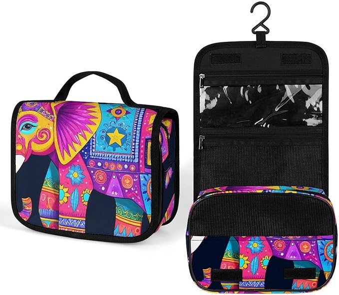 Hanging Travel Toiletry Bag Foldable Cosmetic Bag with Multiple Compartments for Toiletries, Accessories (Elephant Butterfly)