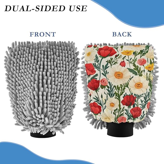 Car Wash Mitt Microfiber Wash Mitts for Car Washing Scratch-Free Cleaning Gloves Soft Non Absorbent Chenille Auto Hand Mitt Large 2Pack Poppy and Roses Flowers Bushes