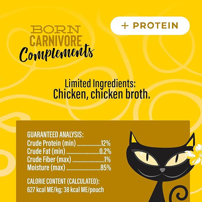 Tiki Cat Born Carnivore Complements Wet Cat Food Topper, High Protein & Limited Ingredient, Chicken, 2.1 oz. Pouch (12 Count)